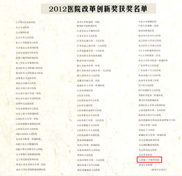上海藍十字腦科榮膺衛(wèi)生部“2012醫(yī)院改革創(chuàng)新獎”